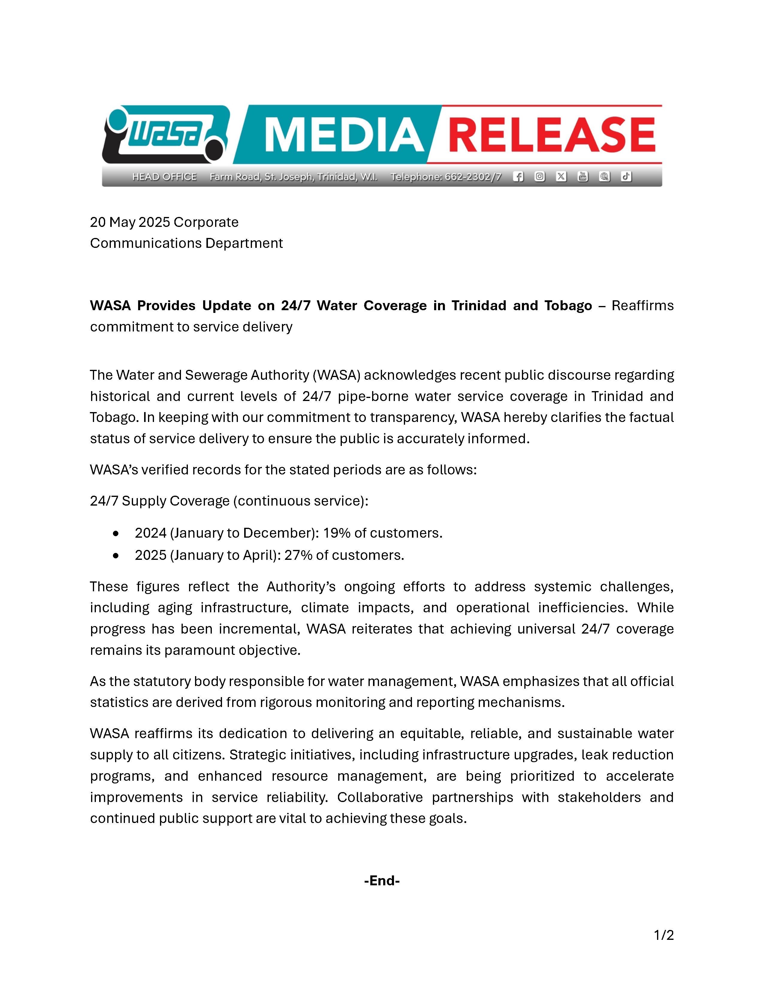 WASA Provides Service Level Update